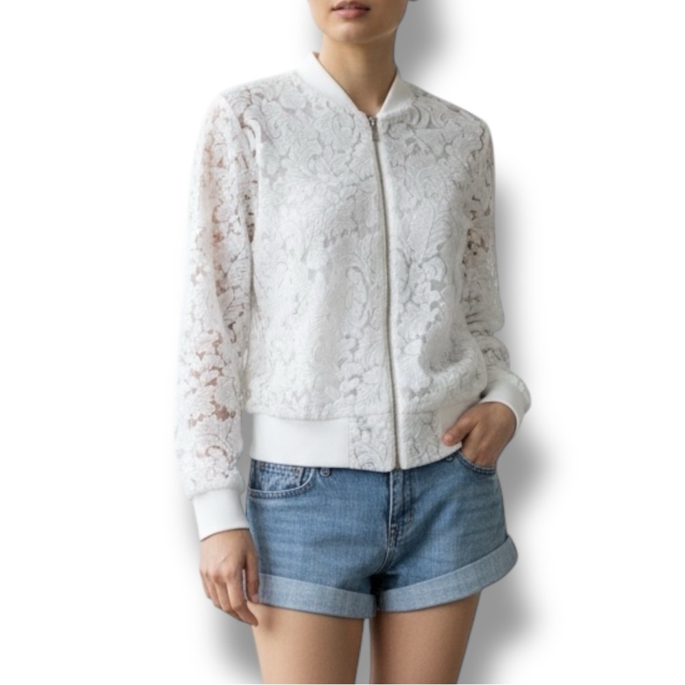 Molly Bracken White Lace Bomber Jacket sz L
